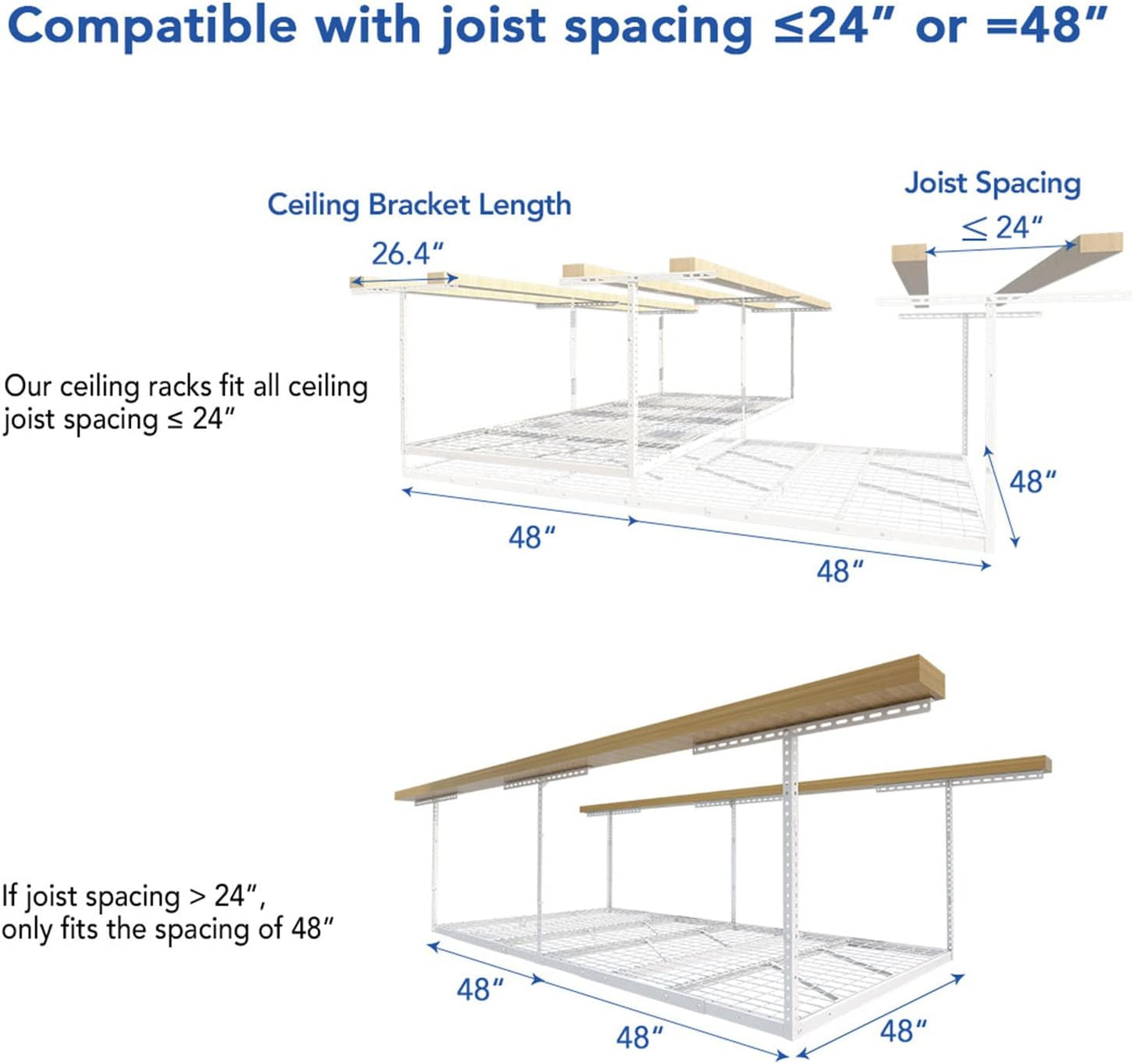FLEXIMOUNTS Pro 4x8 Overhead Garage Storage Rack,Adjustable Storage Organization System,Heavy Duty Metal Ceiling Storage Racks,800lbs Weight Capacity,White