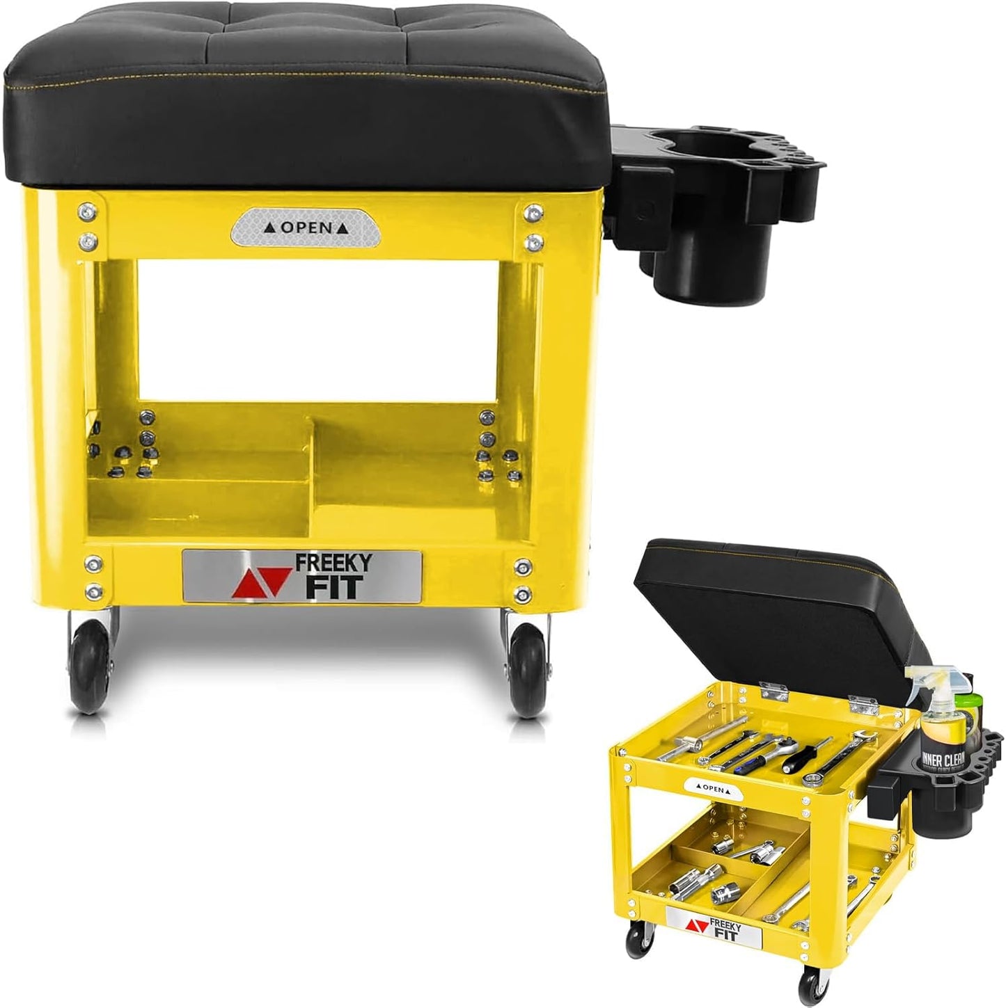 Rolling Creeper Garage Shop Seat for Men, Padded Mechanics Stool with Tool Tray Storage for Garage, Rolling Workshop Stool with Wheels, Auto Creeper Seat, 330 LBS Capacity, Heavy Duty,Yellow