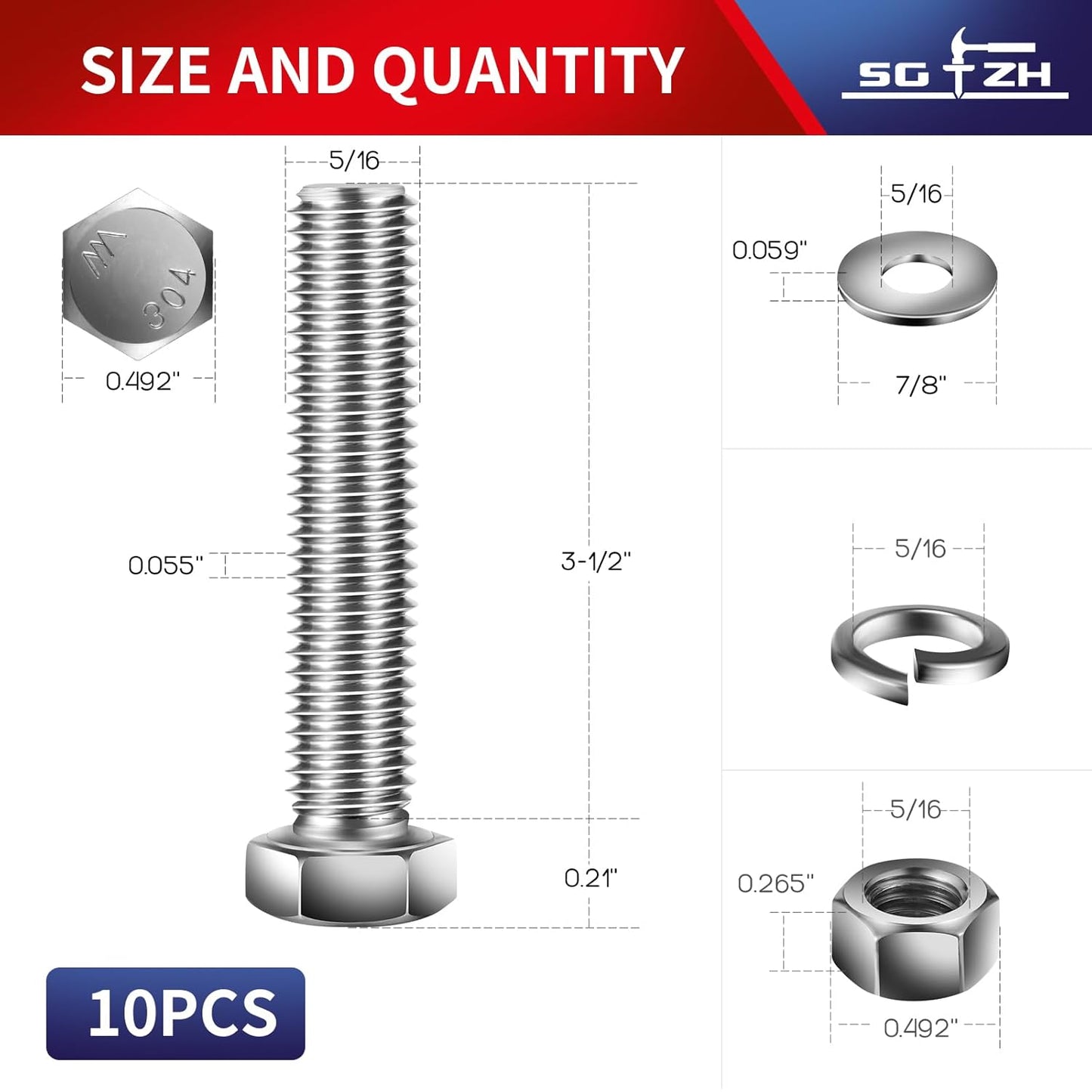 5/16-18 x 3-1/2" Hex Head Screw Bolt, Nuts, Flat & Lock Washers, 10Pcs 18-8 (304) Stainless Steel, Fully Threaded, by SG TZH
