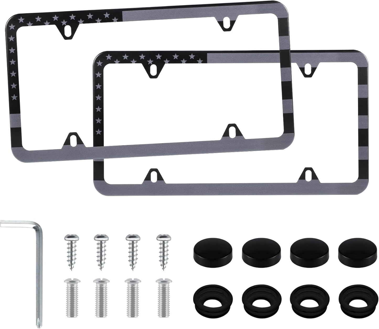 LivTee American Flag License Plate Frames, 4 Holes Stainless Steel License Plate Covers, 2PCS Car License Plate Holder, Automotive Exterior Accessories, Black-Gray