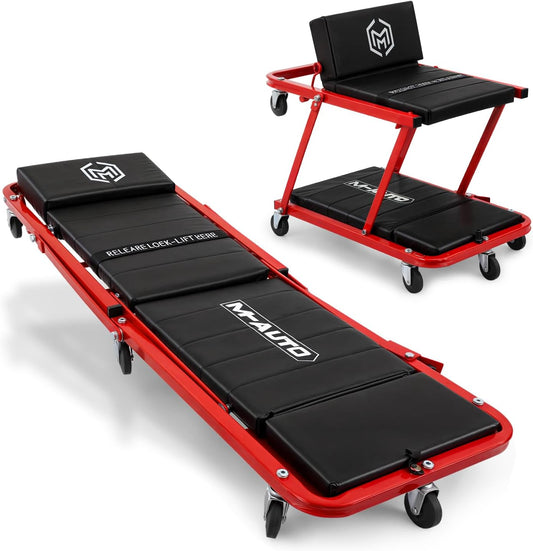 M-AUTO Heavy-Duty Convertible Mechanic Creeper, Z-Creeper 2-in-1 Creeper and Seat 48" Padded Adjustable Headrest Roller Garage Chair with 7 Swivel Casters for Washing, Detailing, Maintenance, Red