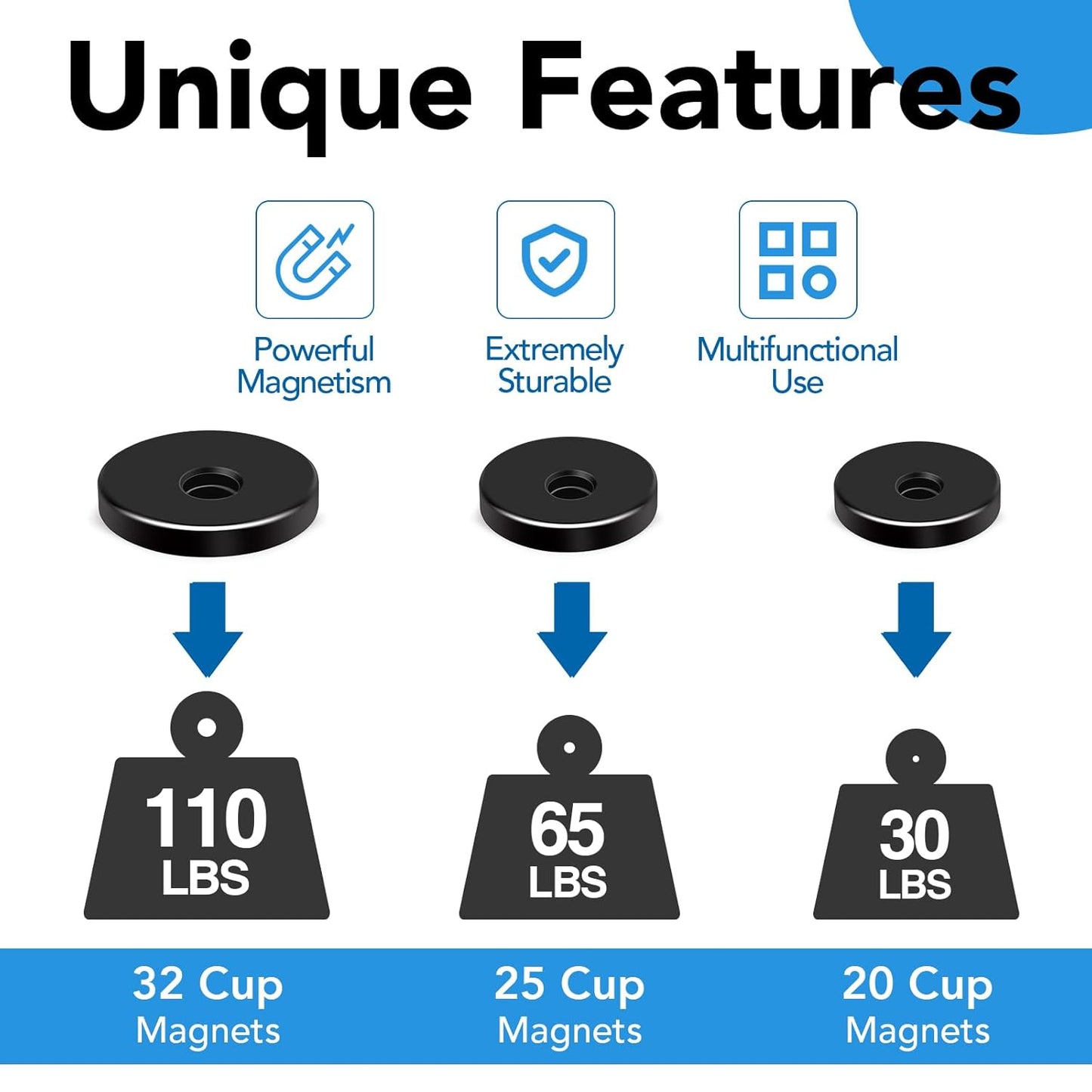 LOVIMAG Strong Neodymium Cup Magnets, 3 Sizes, 12Pcs Black Heavy Duty with Countersunk Hole and Screw for Wall Mounting, Holding Tools, Lifting, Fridge, Cabinet