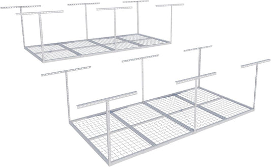 FLEXIMOUNTS 4x8 Overhead Garage Storage Rack, Adjustable Organization System, Heavy-Duty Metal Ceiling Racks, 2 pack, White