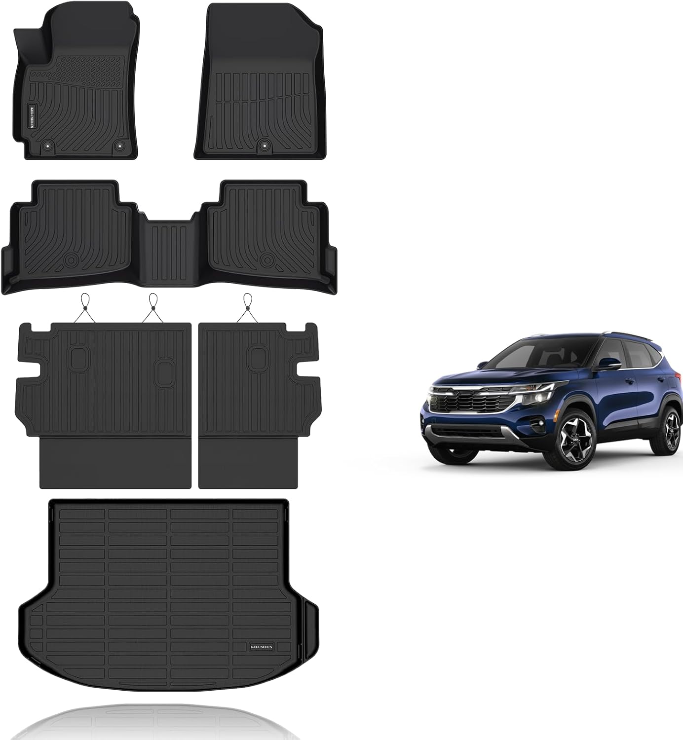 KELCSEECS® Floor Mats & Cargo Liner with Seatback Mats Custom for 2024 2025 2026 Kia Seltos(Cargo Mat Only Fit The Upper Layer)All Weather Protection TPE Floor Liners Full Set Seltos Accessories Black
