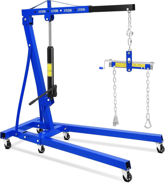 2 Ton Hydraulic Engine Hoist with Lever Stabilizer , Cherry Picker Engine Hoist, 4400LBS Heavy Duty Garage Crane with 6 Swivel Casters & Adjustable Telescopic Boom, for Auto Repair & Workshop (Blue)