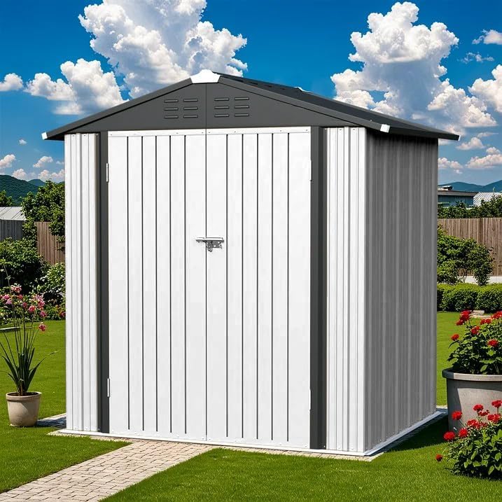 Greesum 6×4FT Outdoor Storage Shed, Metal Patio Storaged Sheds with Lockable Doors, Sheds & Outdoor Storage for Bike, Backyard, Pool and Garden, White