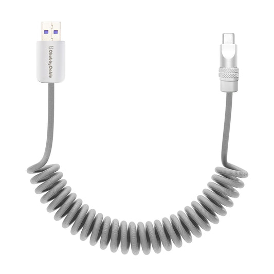 chubbycable Curly Chubby - Retractable Fast Charging Cable 240W Coiled Charger Cord for Car Durable USB-C Cable for Phones, Tablets and More, Gray, USB-A to Type-C, 1.3FT-2.3FT