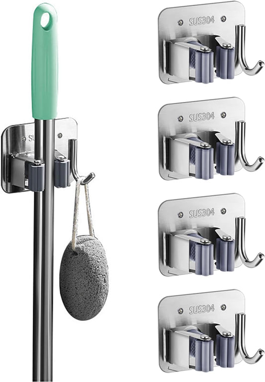 5 Pack Broom Holder Heavy Duty Stainless Steel Broom Hanger with Hooks Screw Drilling Rust Resistant Mop and Broom Holder Wall Mount for Bathroom Kitchen Laundry Room Garage - Silver