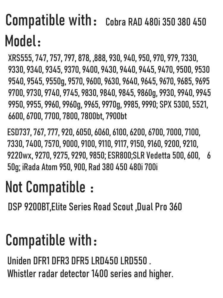 Radar Detector Power Cord Compatible with Cobra RAD 480i 350 380 450 Uniden DFR1 DFR3 DFR5 Whistler etc Radar Detector （7FT）
