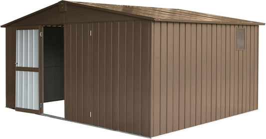 IKERY Extra Large Galvanized Steel Storage Shed 11' x 12.5' with Windows & Lock - Garden & Utility Tool Shed for Backyard, Patio - Brown
