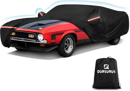QUNSUNUS Waterproof Car Cover for Ford Mustang 1969-1973, Outdoor Car Covers with Zipper, All Weather Full Exterior Cover with Straps and Elastic Edges for Wind, Sun, UV and Dust Protection