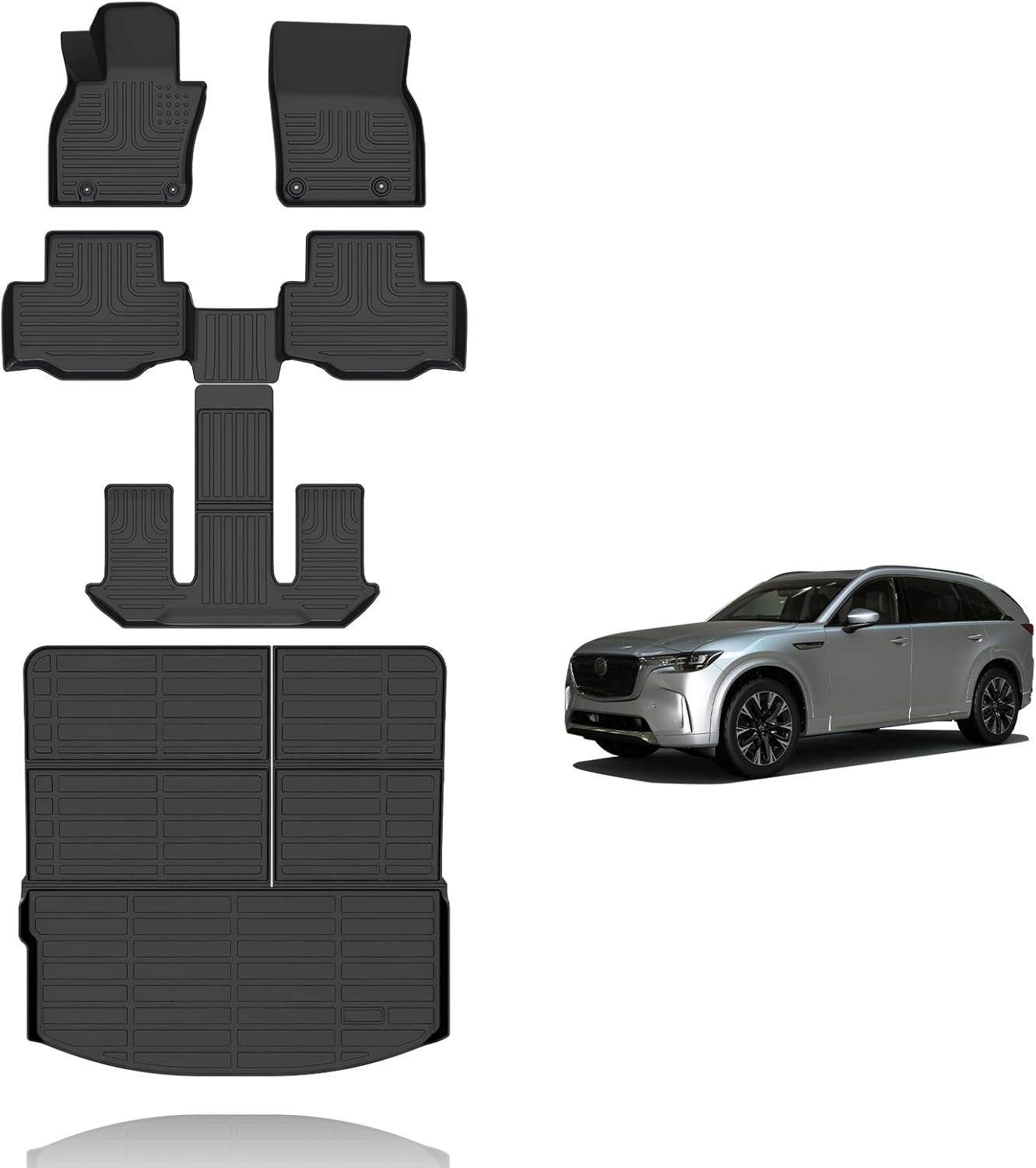 All Weather Floor Mats and Cargo Liners Set Fit for Mazda CX-90 & CX90 PHEV 7 Seater (2nd Row Captain Seat or Bucket Seat) 2024 2025 TPE Car Mats Rubber Trunk Liner CX90 Accessories