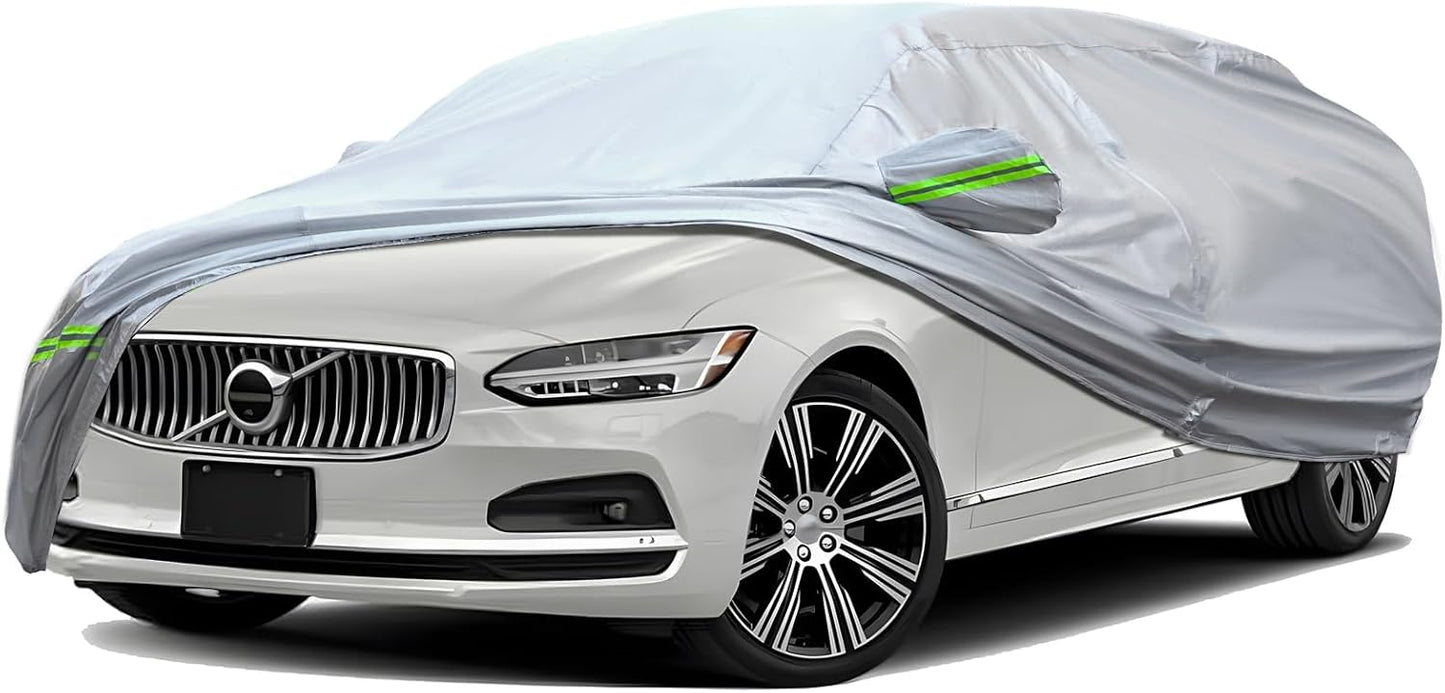 TUCAREST 6-Layers Full Car Cover Universal Premium Shell Zipper Design Waterproof All Weather Weatherproof UV Sun Protection Snow Dust Storm Resistant Outdoor with Straps (Fit for Sedan 197"- 208")