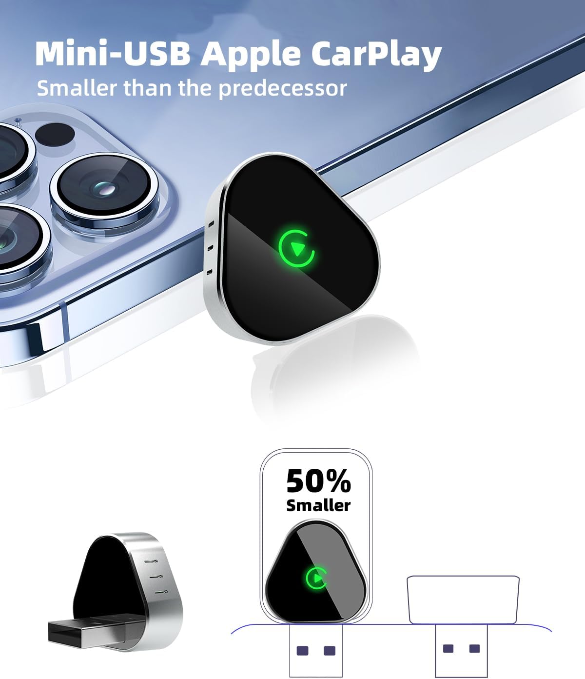 Wireless CarPlay Adapter for iPhone, Mini USB Design Apple CarPlay Adapter Audi/BMW/Benz Cars Converts Wired to Wireless Car Play Plug-and-Play, Compatible with OEM Wired CarPlay Vehicles & iOS 10+