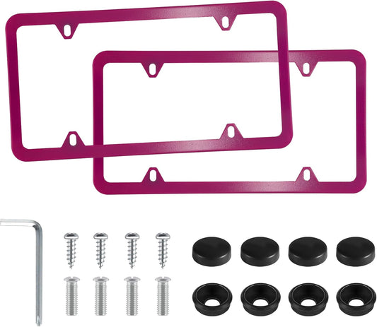 LivTee 4 Holes Stainless Steel License Plate Frames, 2 PCS Car Licence Plate Covers, Automotive Exterior Accessories Slim Design with Bolts Washer Caps for US Vehicles, Hot Pink
