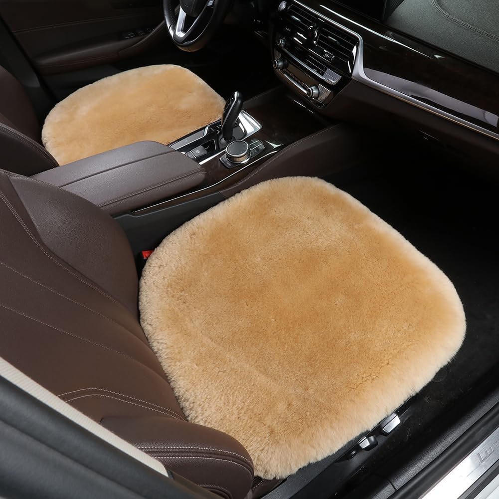 Fluffy Genuine Australia Sheepskin Car Seat Cover for Auto Interior Accessories with Soft Fuzzy Wool Eco-Friendly Natural Fur Non-Slip (Honey Beige, Front 20 * 20inchs)