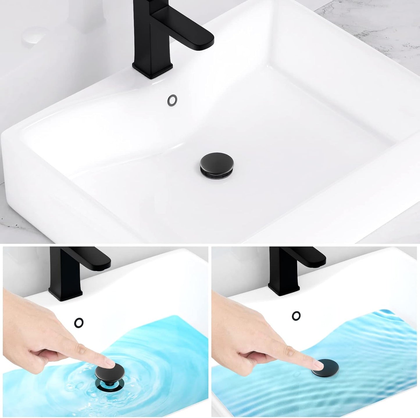 Bathroom Sink Drain with Overflow, PureHome Bathroom Sink Stopper, Pop Up Bathroom Drain Stopper Sink Plug - Engineering Plastic Material - Matte Black