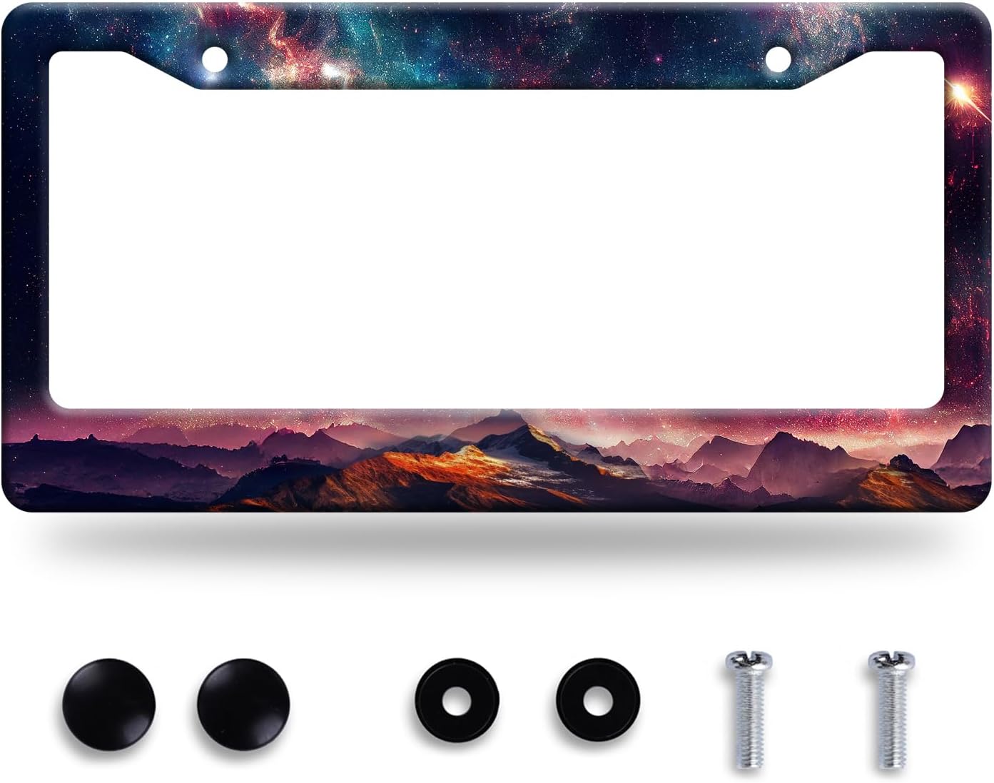 Mountain License Plate Frame Colorful Starry Sky Galaxy License Plate Stainless Steel Funny License Plate Holder Men Women Mountains Car Accessory Decoration 12.3" x 6.3"