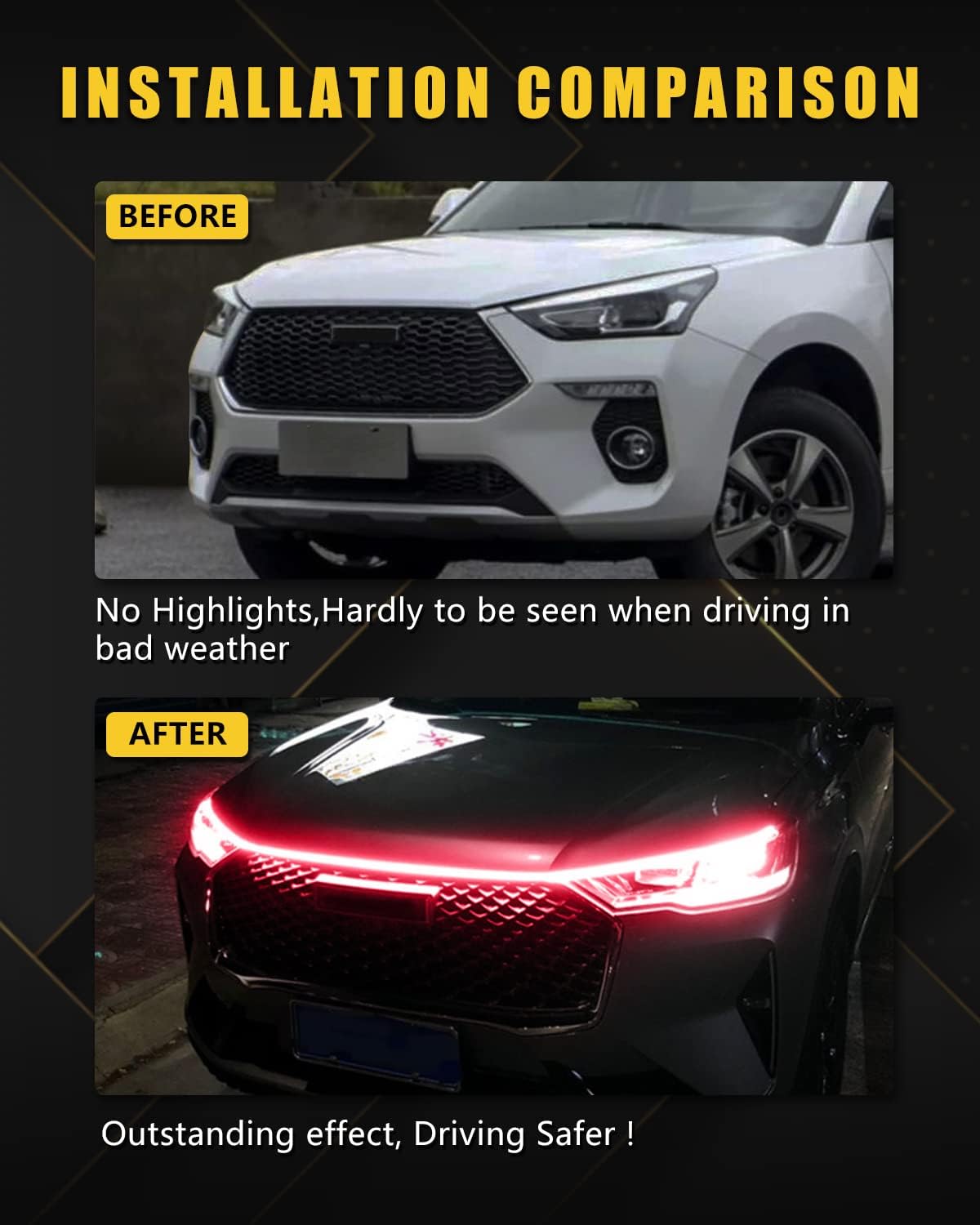 YM E-Bright Led Hood Light Strip Exterior Led Strip Lights for Cars Waterproof Flexible DRL Dynamic Scan Start Up Hoodbeam Kit Daytime Running Lights for Car,Truck,SUV,12V 70inch,Red,1 Set