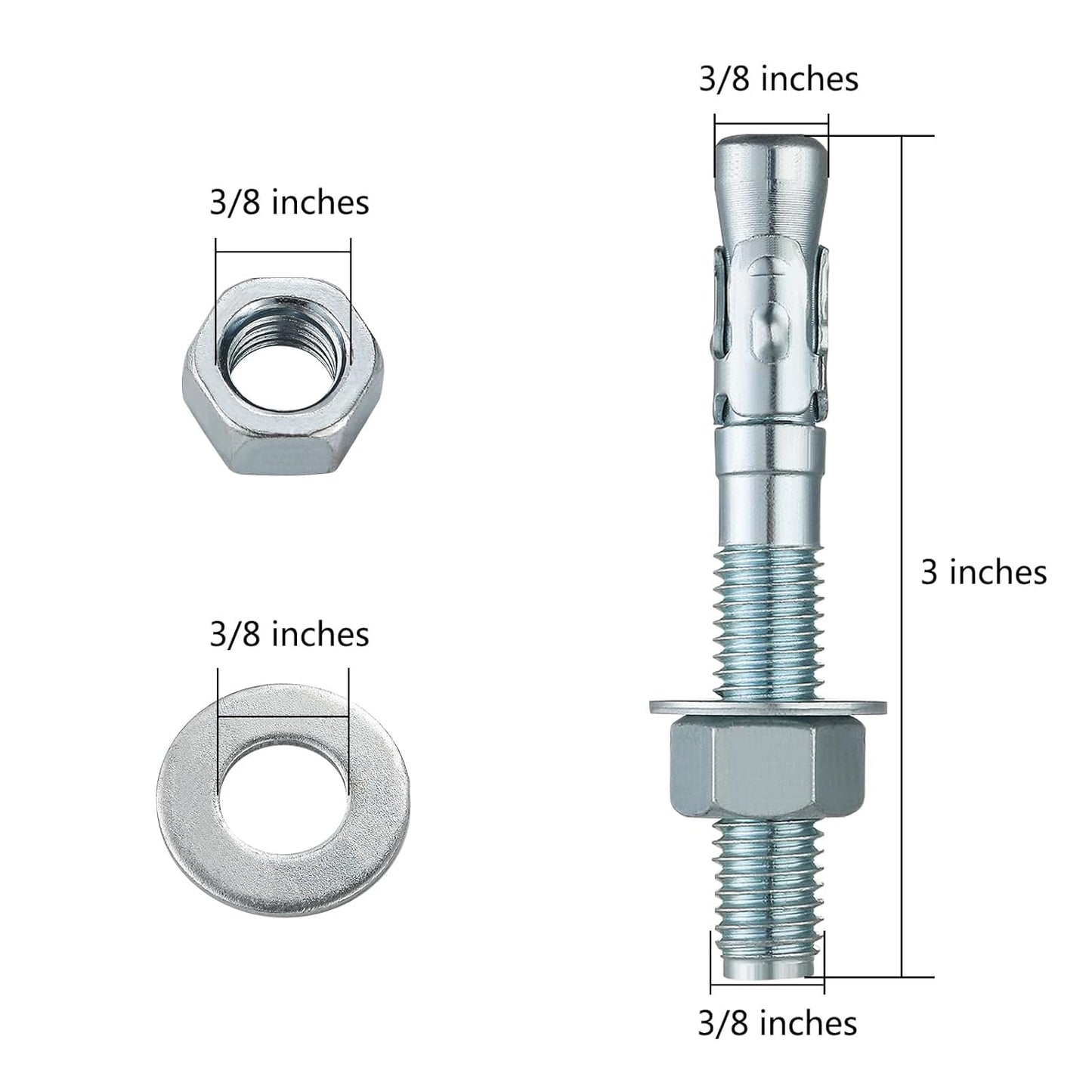 3/8x3" 100Pcs Inch Standard Fasteners for Heavy-Duty Zinc Wedge Anchors for Cement and Concrete