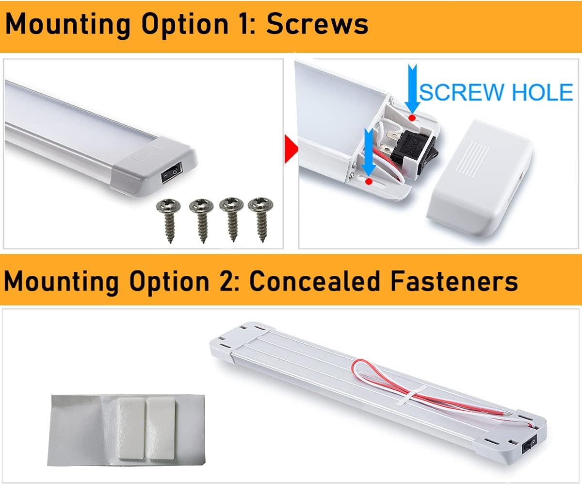LED Interior Utility Light Fixture 14.6" x 2.6", High Lumen-Output Low Current Draw Energy Efficient, Frosted Lens 6000K Cool-White Even Diffused Beam, On/Off Rocker Switch 12V-24V DC, 1-Pack