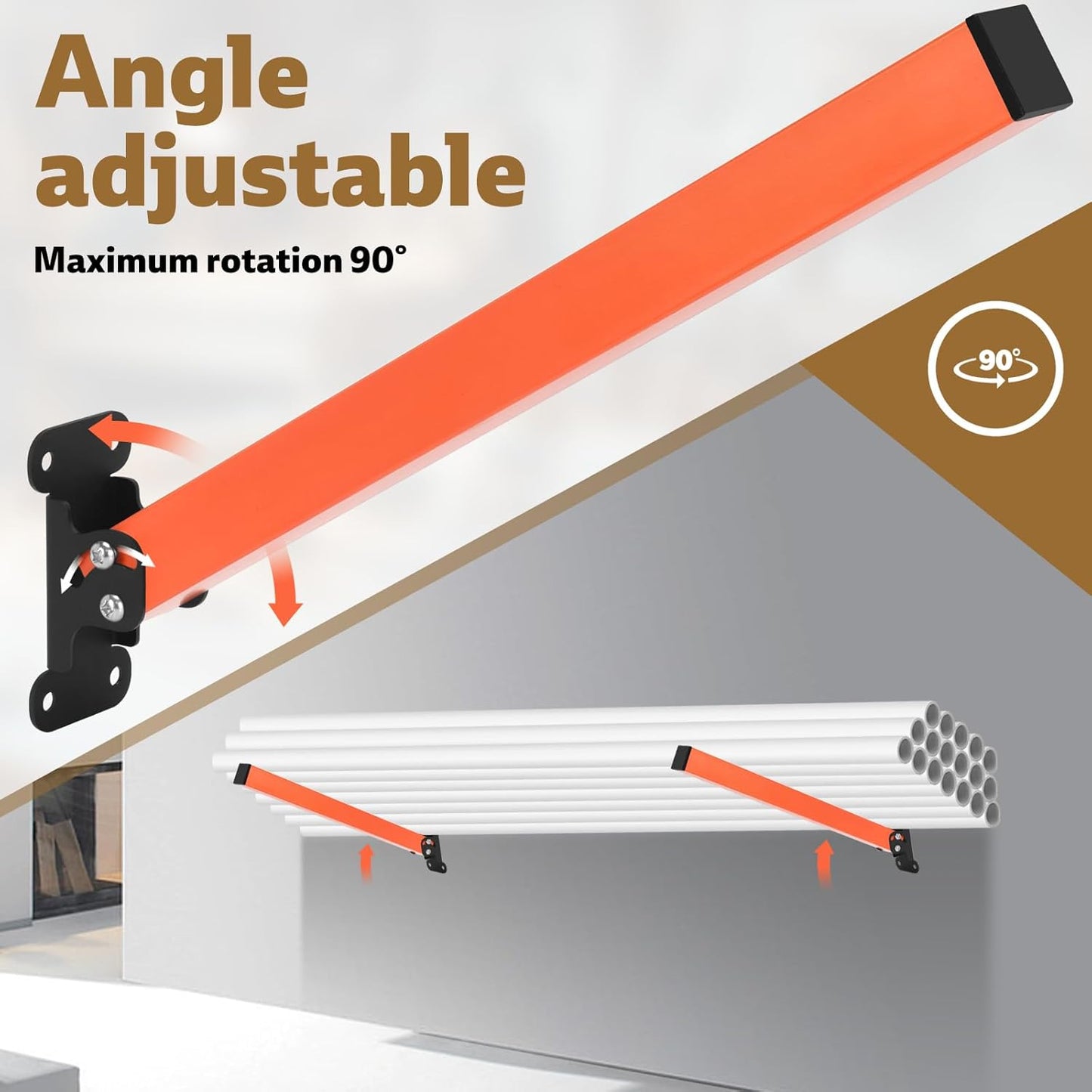 lumber storage rack, Heavy Duty Metal Lumber Storage Rack with Multi Angle Adjustment and 3-Level Wall Mount for Garage Shop Indoor Outdoor, Orange (2 PACK)