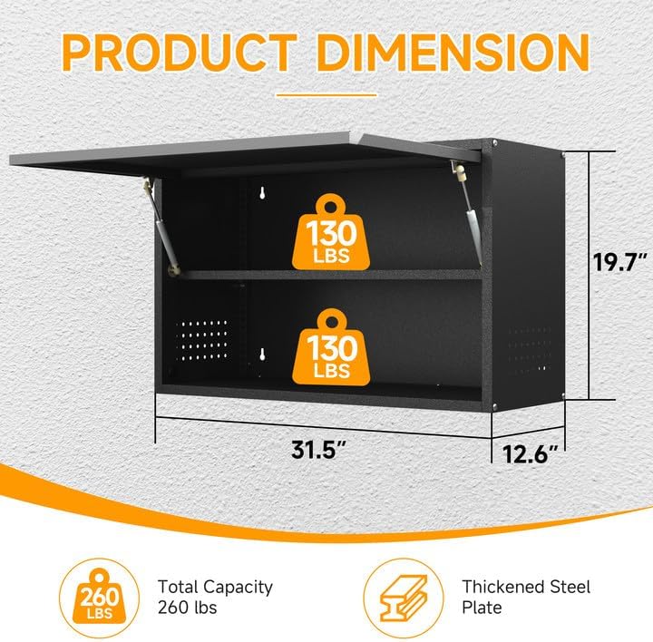 Metal Wall Cabinet with Adjustable Shelves, Doors - Floating Tool Storage for Garage/Warehouse - Black/Gray