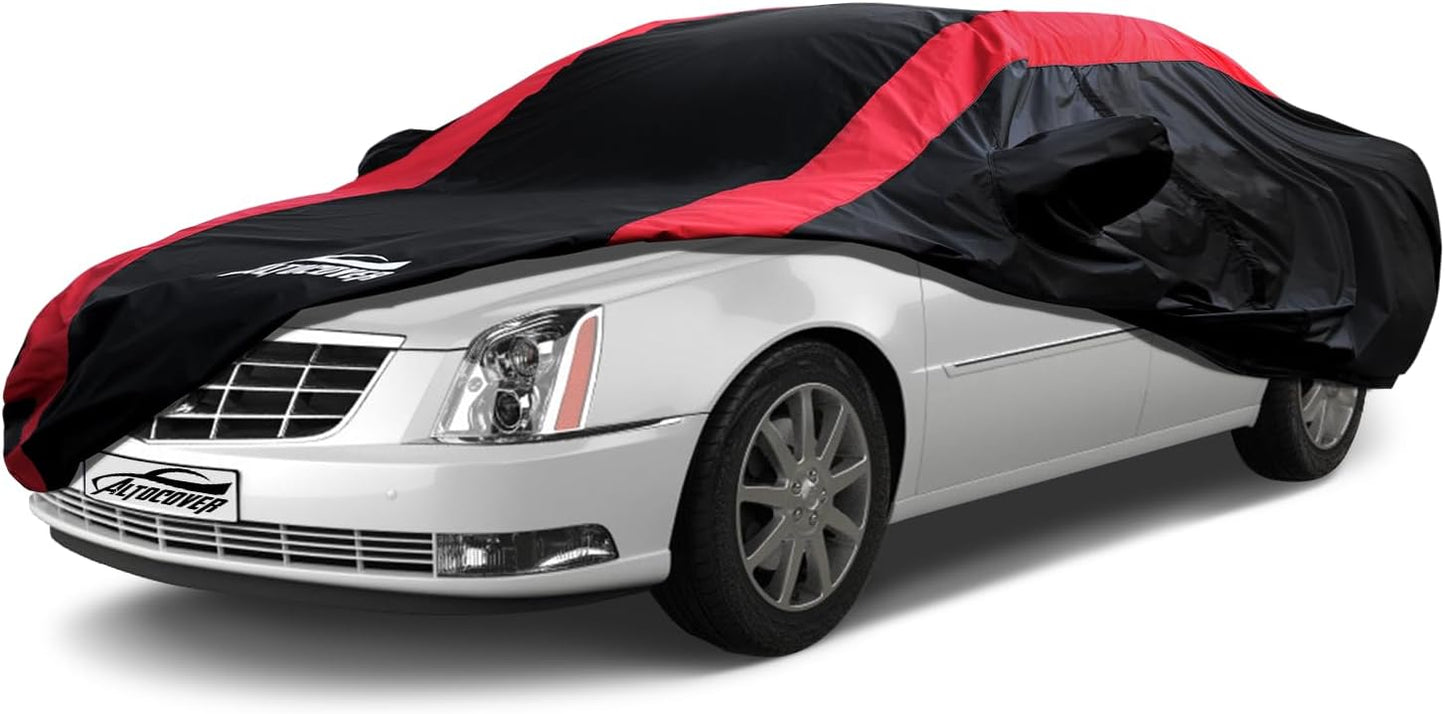 Car Cover Waterproof All Weather with Red Strip Design, Custom Fit for DTS(2006–2011), XTS(2013-2019), CT6(2016-2020), DTS Accessory with Door Zipper & Windproof Straps