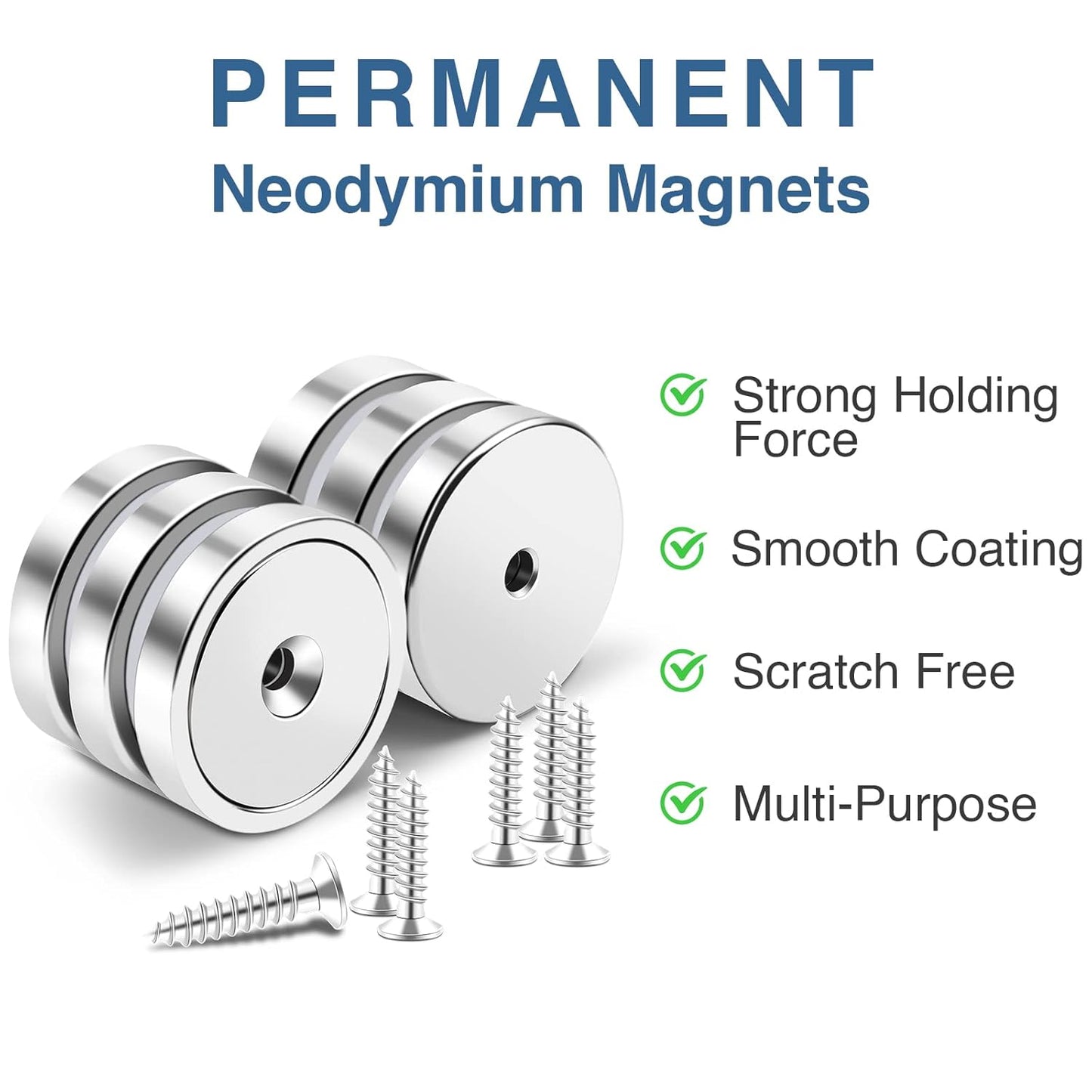 MIKEDE Strong Magnets Heavy Duty, 110LB Neodymium Cup Magnets with Countersunk Hole, Stainless Screw for Wall Mounting, Rare Earth Round Base Disc 1.26" D x 0.2" H - 10 Pack