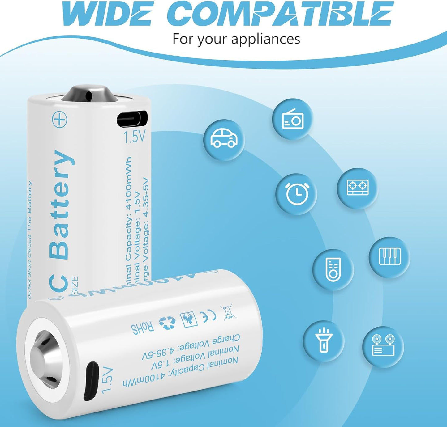 Rechargeable Lithium C Battery 4 Pack, Batteries c Size，Long Lasting1.5V C Batteries Rechargeable with 4 in 1 USB-C Charge Cable for Television Remote, Flashlights