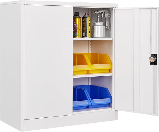 Metal Storage Cabinet, Lockable Storage Cabinet with 2 Doors and Shelves, Metal Cabinet with Lock, Small Lockable Metal Cabinet for Home Office(White)