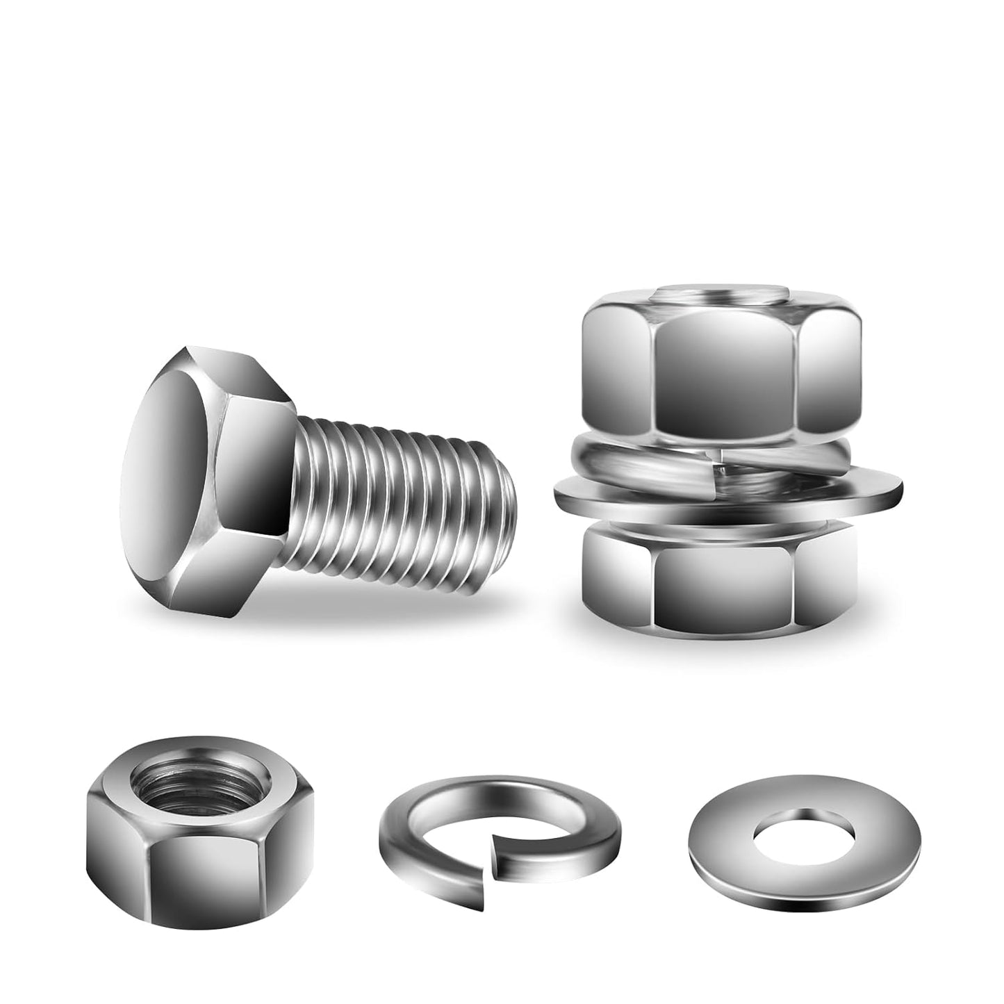 5/16-18 x 3/4" Hex Head Screw Bolt, Nuts, Flat & Lock Washers, 10Pcs 18-8 (304) Stainless Steel, Fully Threaded, by SG TZH