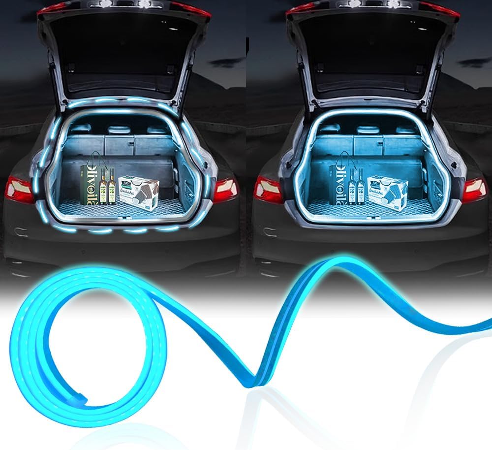 Upgrade Dynamic Flowing Car LED Trunk Light Strip, 158Inch Universal Flexible Cutting Silicone Waterproof Neon Lights Strip, 12V Interior Ambient Lighting for Cars SUVs(Ice Blue)