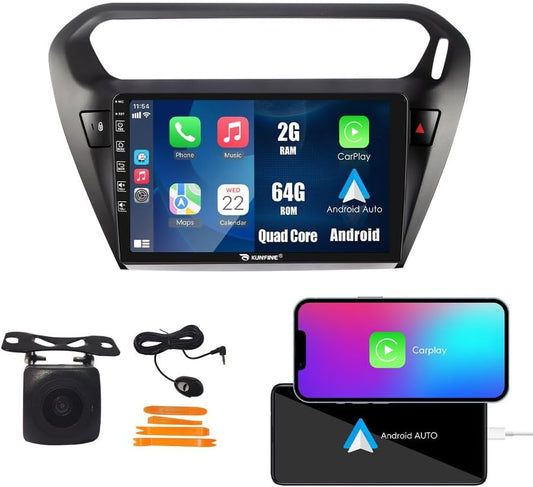 Kunfine Car CarPlay Android Auto Navigation Stereo GPS Radio Reverse Camera Display 9" IPS Touchscreen Headunit Tablet Pad Media Player For Peugeot 301 13-22 if Applicable Quad Core 2G+64G Matte Black