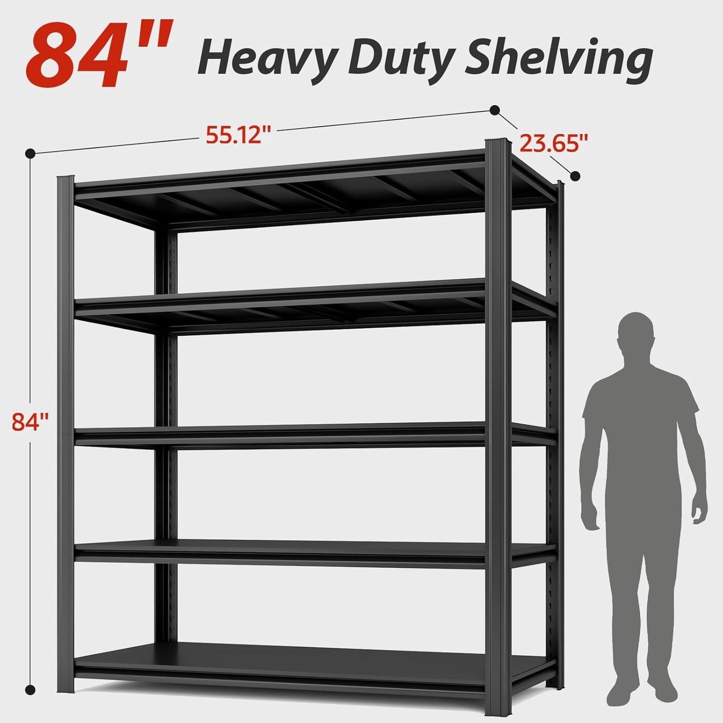 84" H x 55.12" W 5 Tier Metal Garage Shelves, 3000 LBS Heavy Duty Adjustable Storage Shelving Unit for Warehouse, Basement, Kitchen, Store Display, Flower Stand, Office, Classroom, 23.62" D