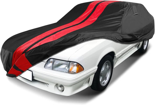 iCarCover Custom Car Cover for 1979-2004 Ford Mustang LX, GT Waterproof All Weather Rain Snow UV Sun Protector Full Exterior Indoor Outdoor Car Cover (Stripe - Black/Red)