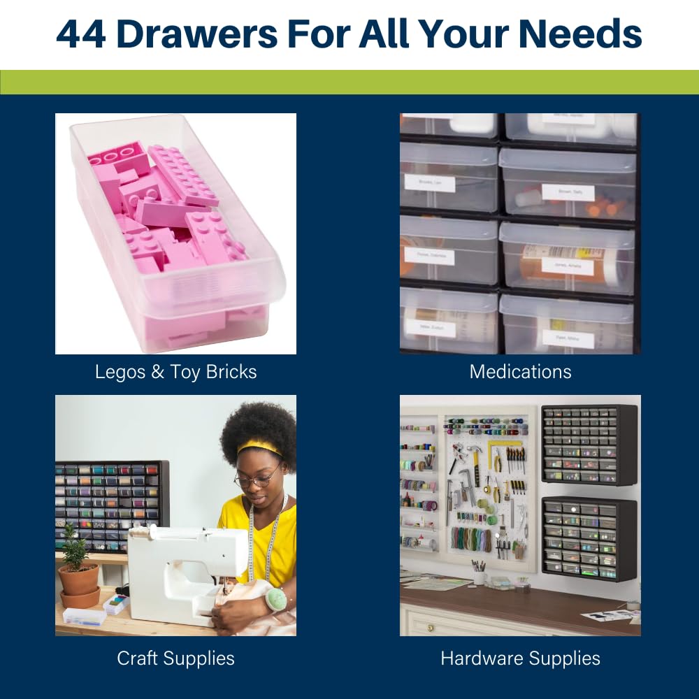 Akro-Mils 44-Drawer Plastic Drawer Storage Cabinet for Garage Organization, Bead Organizer, Building Bricks Storage, Teacher Toolbox, Makeup Organizer, 20-Inch W x 6-Inch D x 16-Inch H, 10144 Black