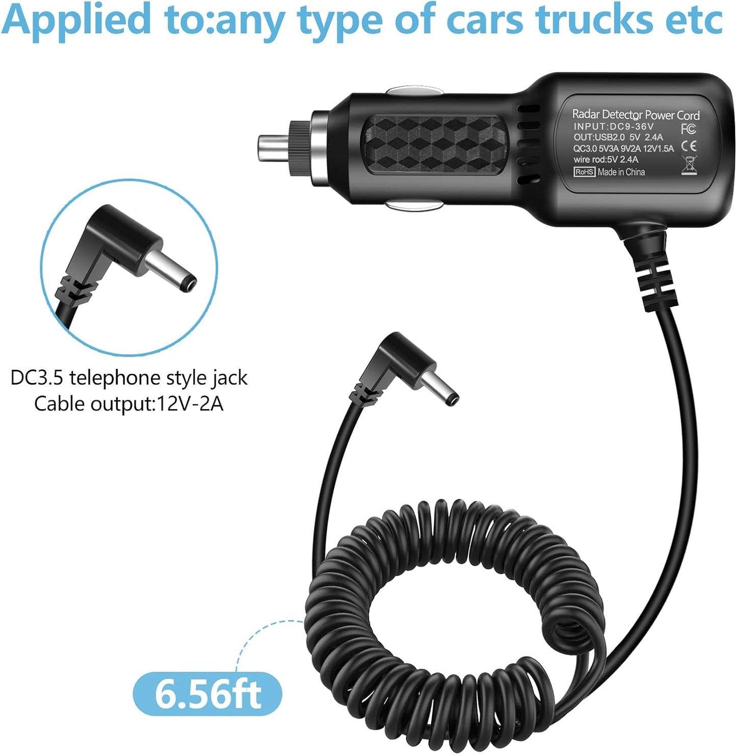Radar Detector Power Cord,for Uniden Escort Valentine Beltronics Passport Cobra etc Radar Detector,with Dual USB QC3.0 Quick Charger (DC3.5)