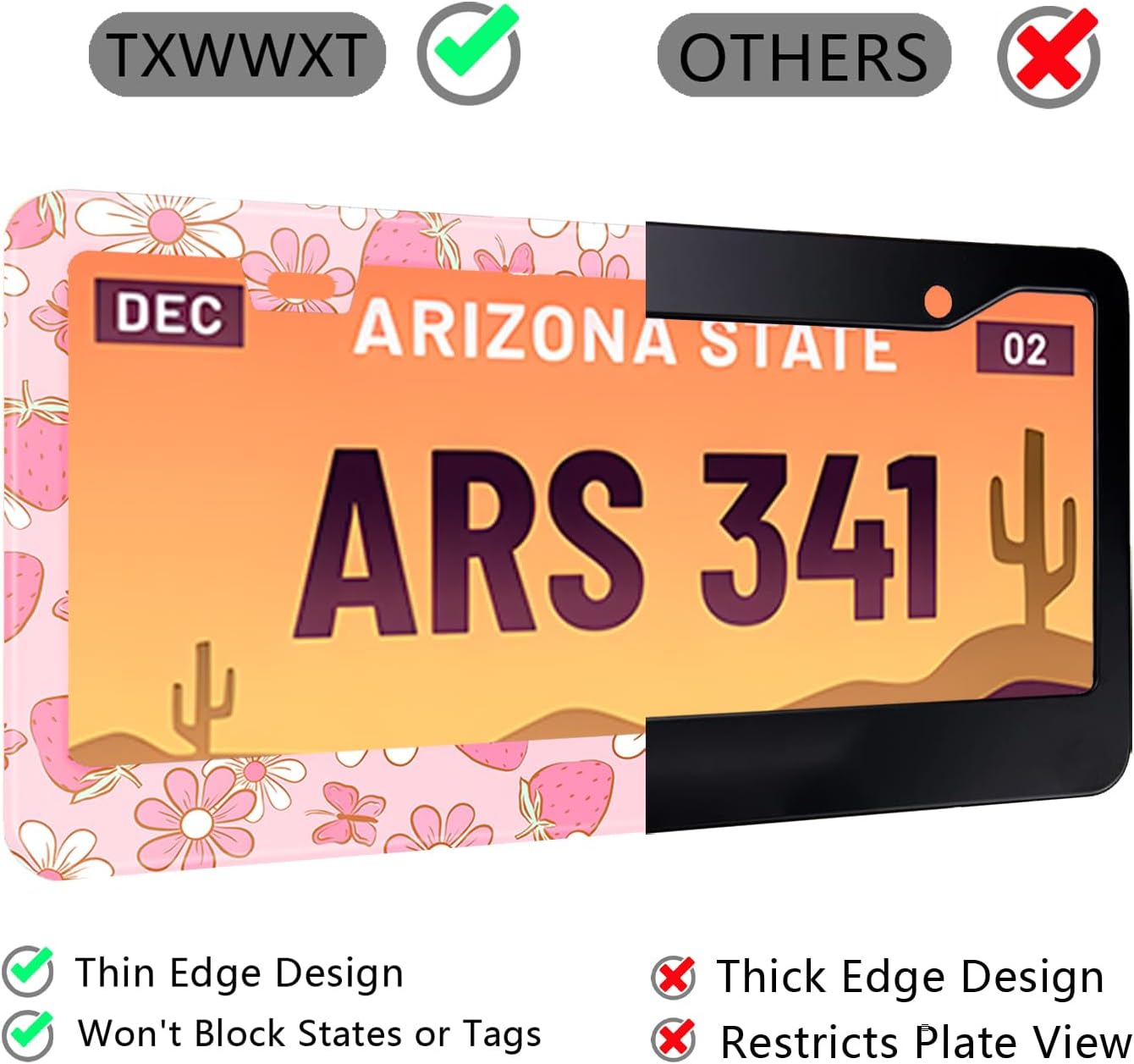 Pink Strawberry Butterfly Floral License Plate Frame Stainless Steel License Plate Frames Holder Covers Rust-Proof Auto Parts Decoration with Screws License Plate Holder for Car Accessories 12x6 Inch