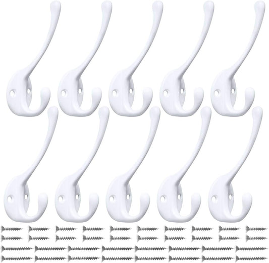 10 Pack Heavy Duty Dual Coat Hooks Wall Mounted with 20 Screws Retro Double Hooks Utility Black Hooks for Coat, Scarf, Bag, Towel, Key, Cap, Cup, Hat (White)