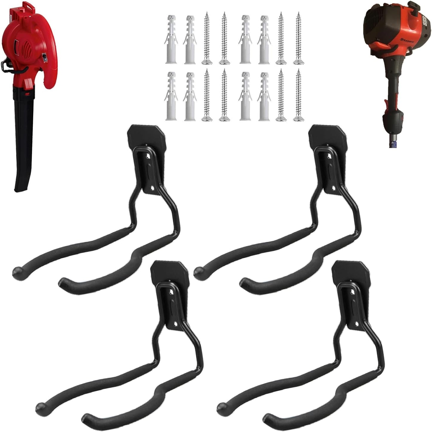 JuforminWeedeater Hanger, String Trimmer Hanger, Weed Eater Rack, Garage Wall Hooks, Power Tool Holder for Garage Wall, Utility Hooks for Garage Tool Organizers and Storage Black-4 Pcs