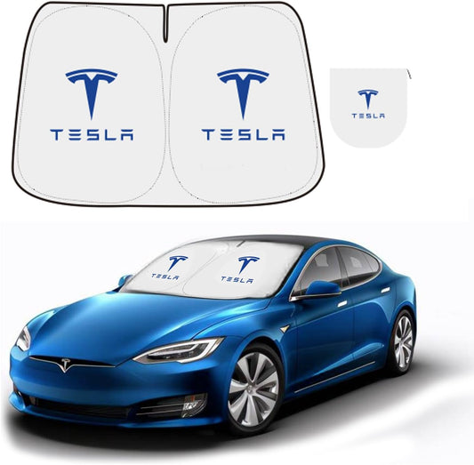 300T Sunshade for Tesla Model Y Model 3, Car Accessories 2025 for Tesla, Front Window Sunshade with Organizer Bag, Gifts for Tesla Owners (Blue)
