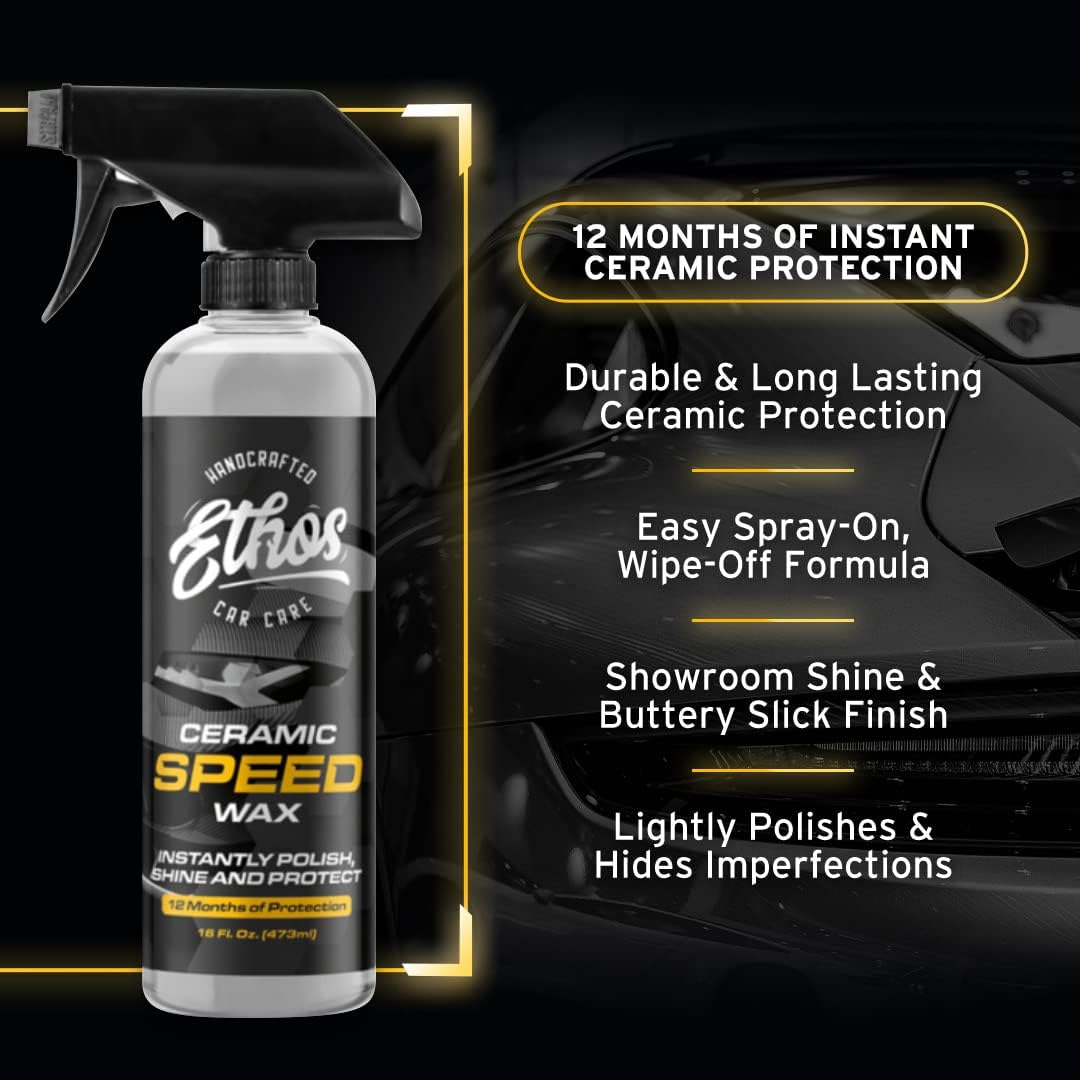 Ethos Ceramic Speed Wax - Ceramic Coating for Cars - Ceramic Coating Car Wax Spray - Ceramic Car Wax Polish Hydrophobic Top Coat Polish Formulated with Reactive Sio2 Copolymers