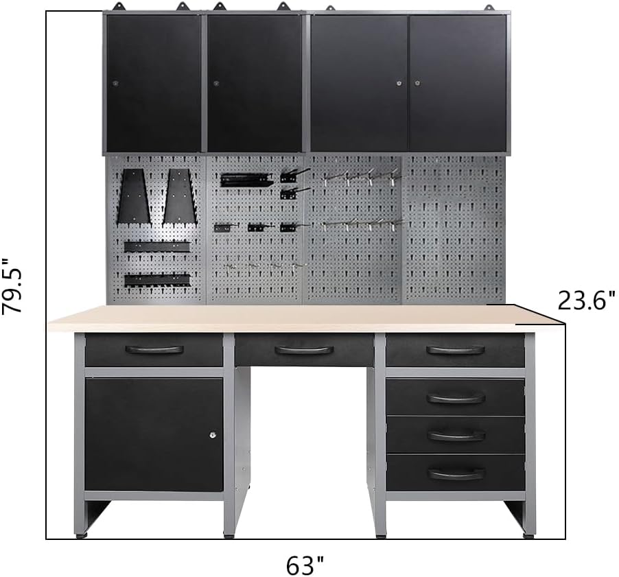 JZD Metal Garage Cabinet Combo Set with Wood Worktop, for Auto Repair Shops, Retail Backrooms