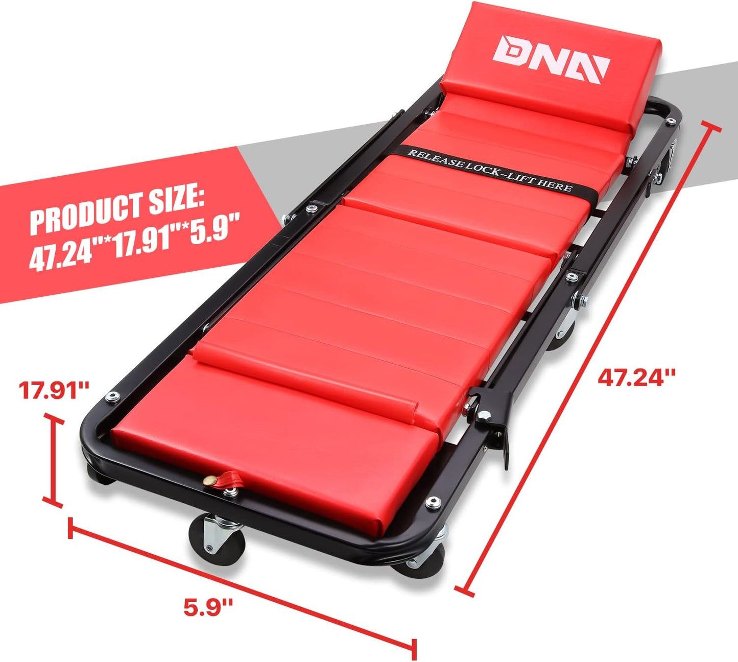 DNA Motoring TOOLS-00192 48" 2 IN 1 Folding Rolling Garage Shop Creeper Roller Seat, 7 Pcs 2" Casters, 350 Lbs Weight Capacity, Red