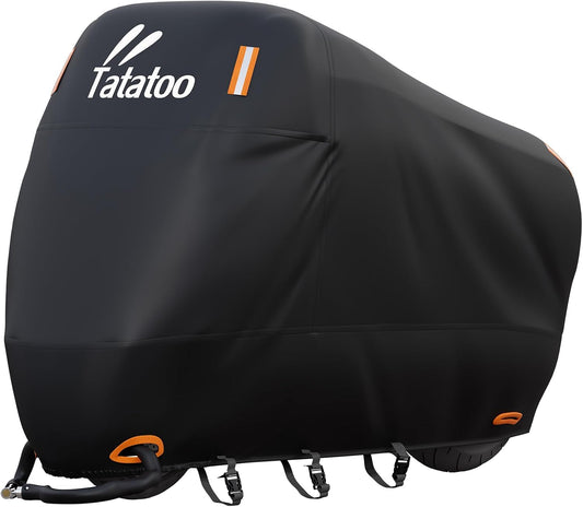 Motorcycle Cover Waterproof Outdoor, 300D Heavy Duty, UV & Rain Resistant, 3 Wind-Resistant Buckles, Dual Lock Holes, Includes Storage Bag, Fits Most Motorcycles/Scooters up to 86.6",Black