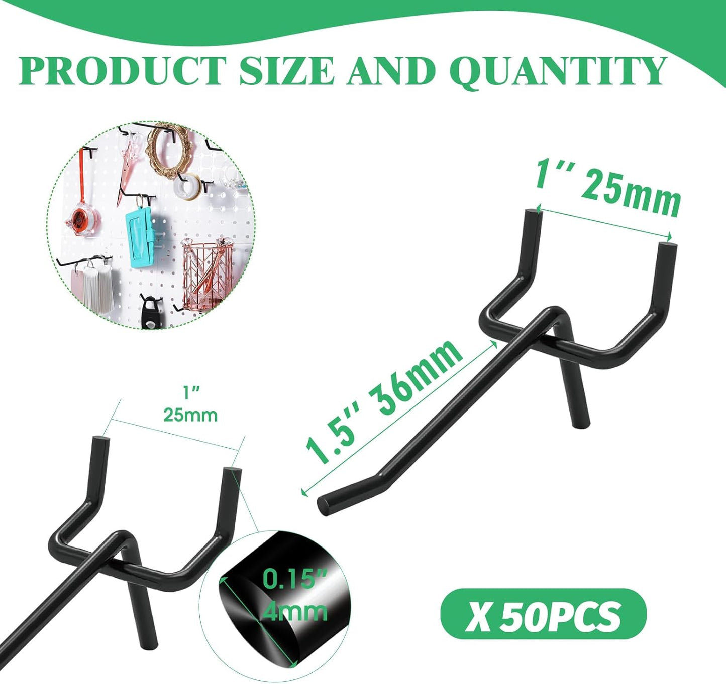 50Pcs 2"/5CM Pegboard Hooks Assortment Set, Metal Peg Board Hooks with 2.5mm Hole Pitch 4mm Wire Diameter Slatwall Hanging Hook for Garage Organization Wall Hanging (Black)