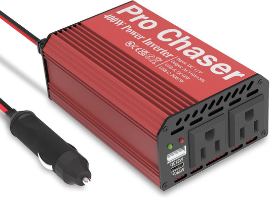 Pro Chaser 400W Power Inverters for Vehicles - DC 12v to 110v AC Car Inverter Converter, USB-A, PD 65W USB-C Ports, Dual AC Adapter for Air Compressor Laptops