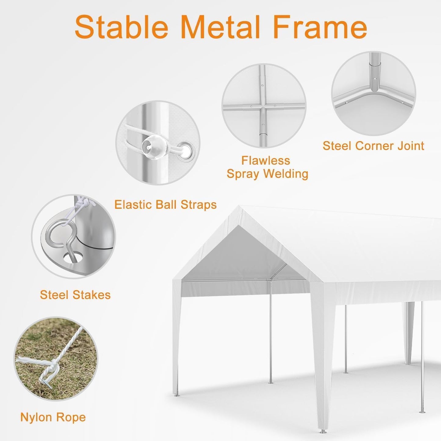 10x20ft Metal Carport Garage with PE Fabric and Galvanized Steel Frame Leg Wrap Carport for Outdoor Shelter for Cars, Trucks, and Boats - White