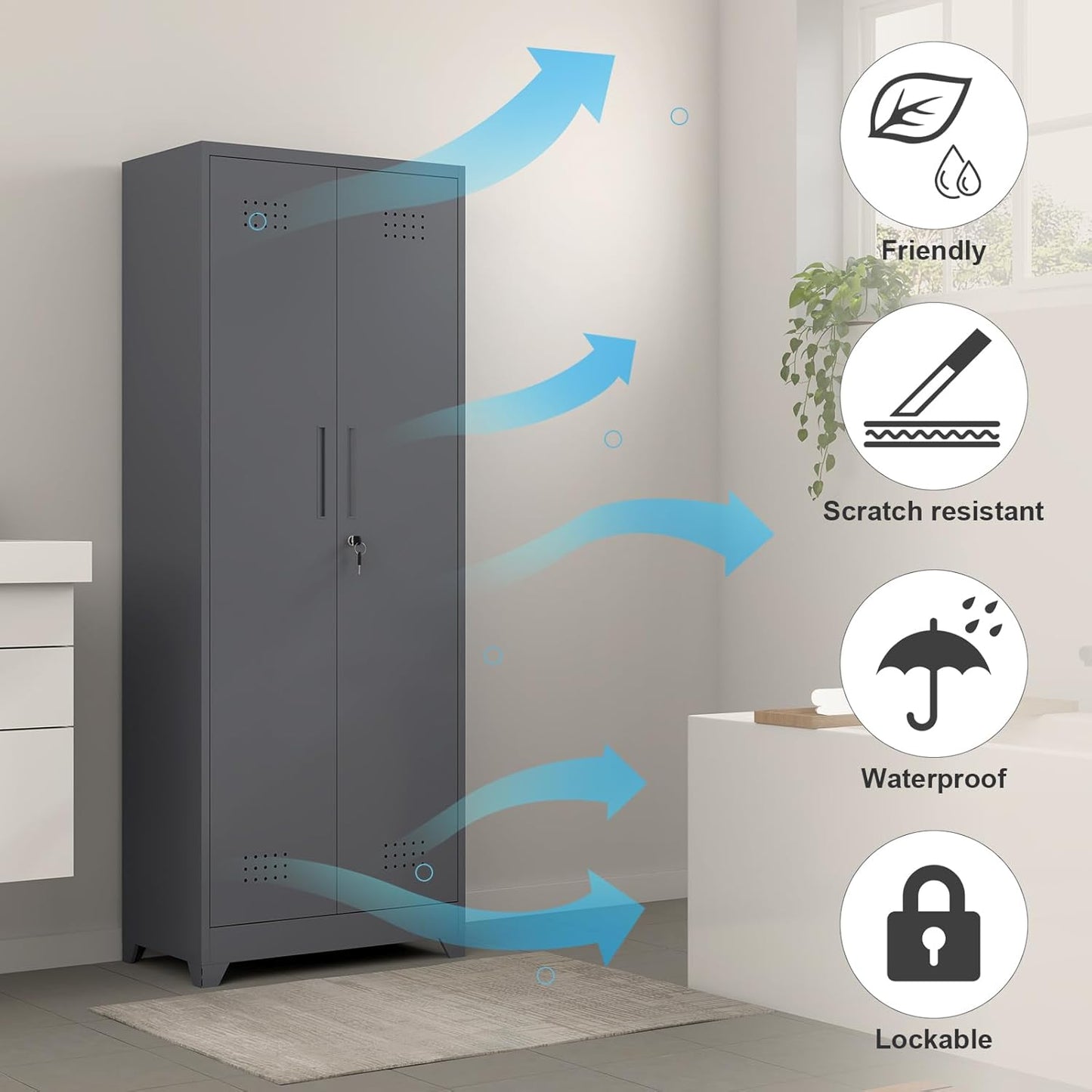 GREATMEET 65" H Metal Garage Storage Cabinets with Lock Door and Adjustable Shelves,Grey Broom Closet Storage Cabinet for Cleaning Supplies for Garage, Bathroom,Kitchen,Home